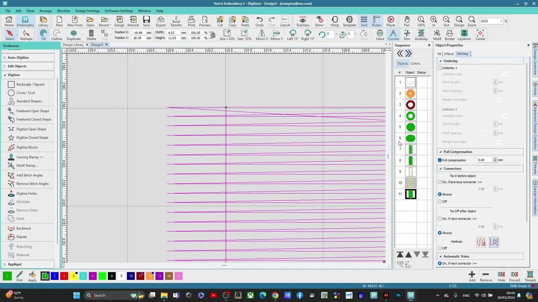 A close-up screen capture in Hatch 3 showing Pull Compensation being changed to 0.60 in the Object Properties panel.