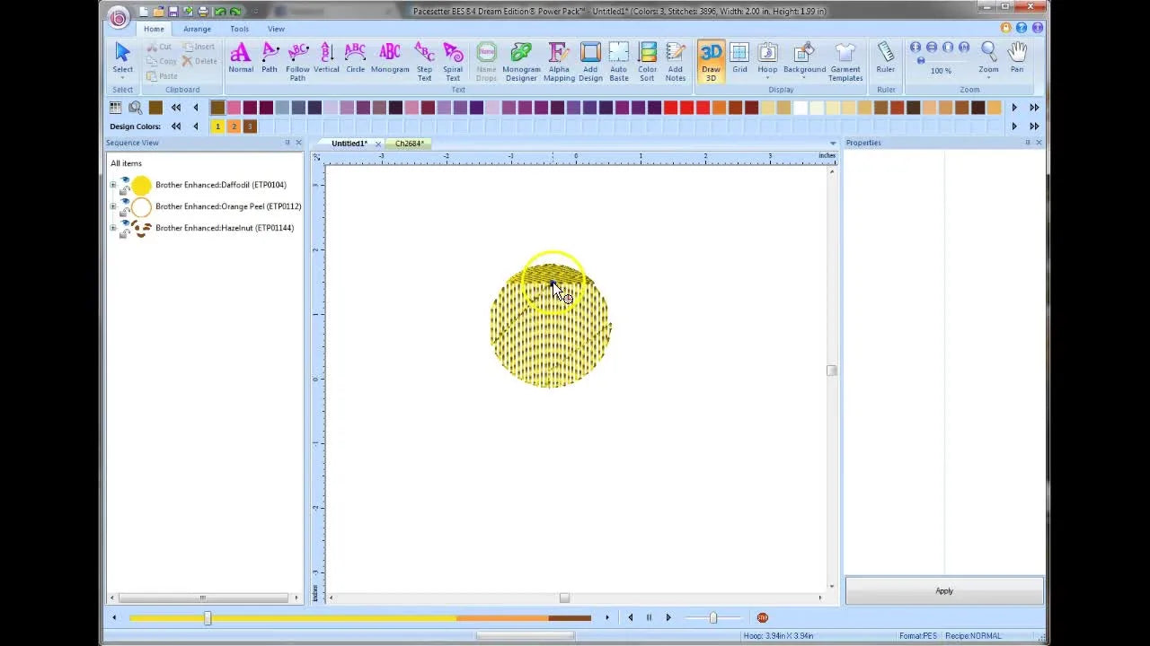A close-up of the yellow fill object in Brother BES 4 with the cursor indicating stitch direction, illustrating how stitch travel creates push-pull distortion.