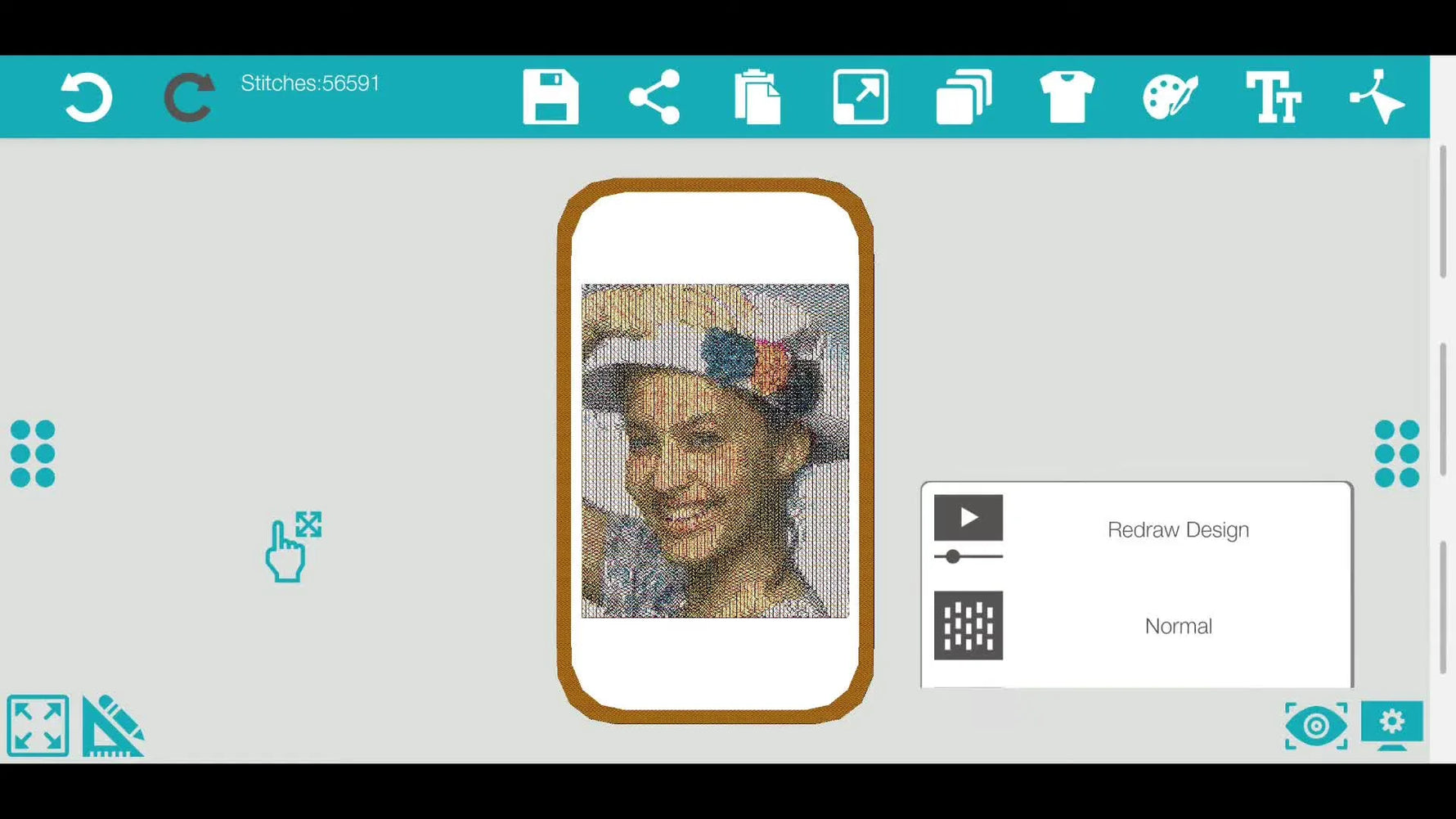 A completed PhotoStitch design preview in Spark showing the digitized image on the canvas with the editing toolbar visible.