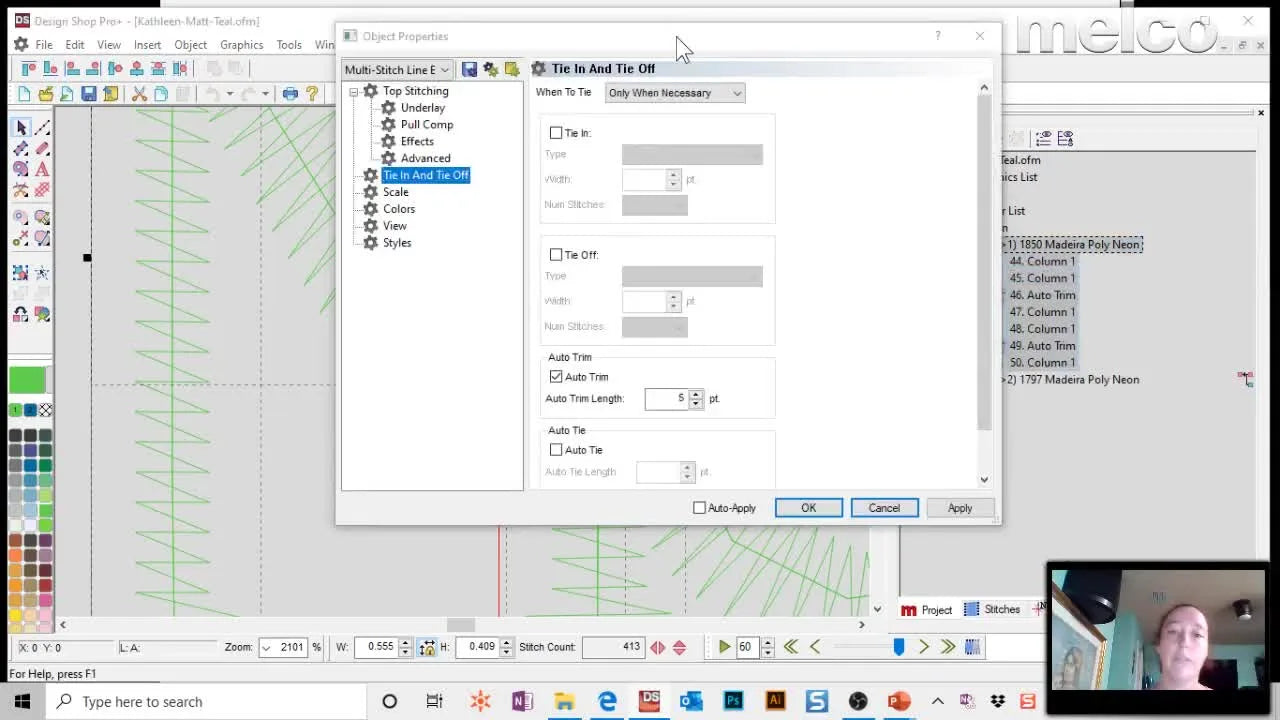 A close-up of the DesignShop Object Properties window showing Tie In/Tie Off settings with Auto Trim set too low, which can cause trims inside lettering.
