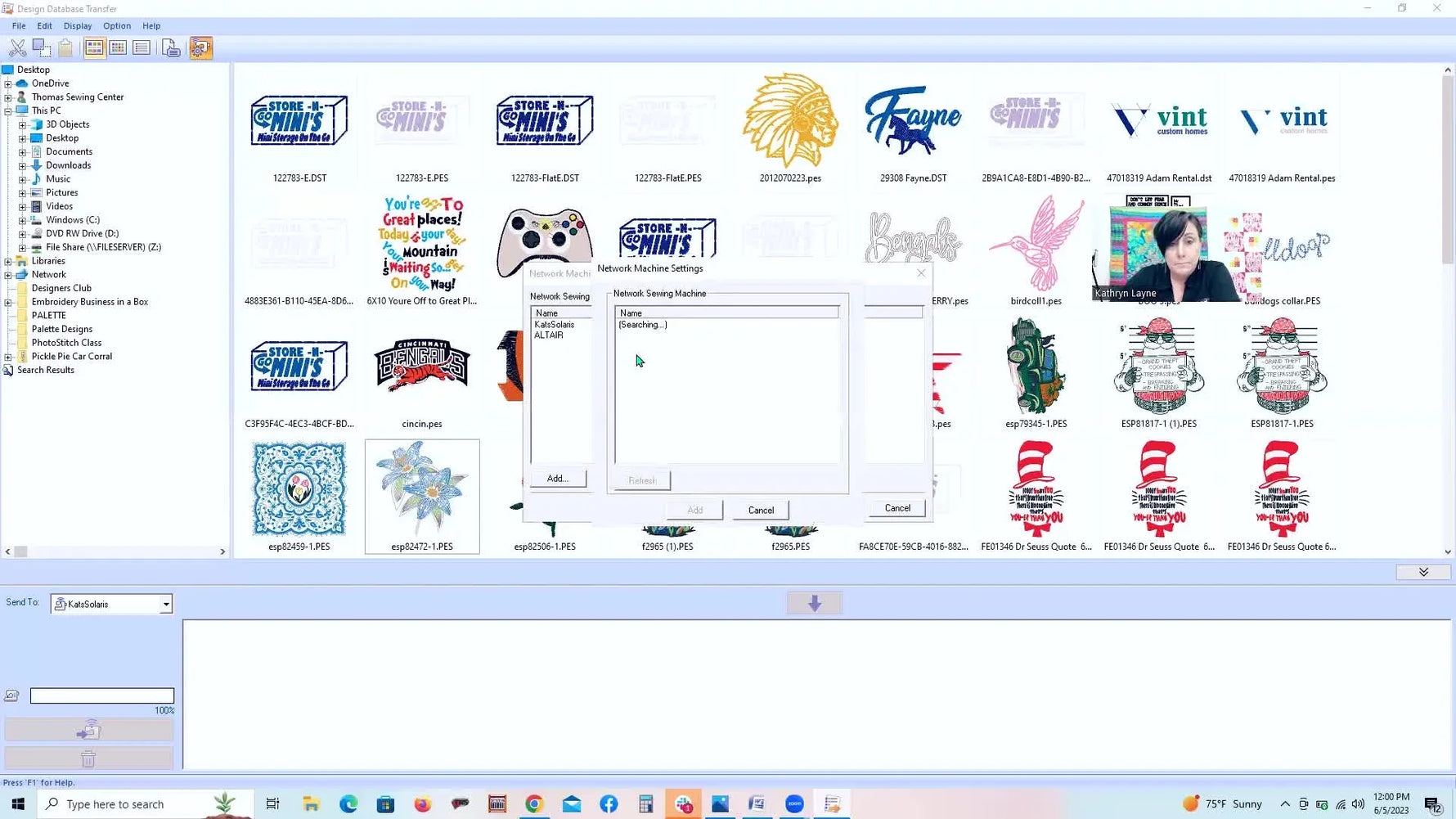 A screen capture shows the Design Database Transfer dialog detecting a Baby Lock Altair on the same Wi‑Fi network, ready to be added.