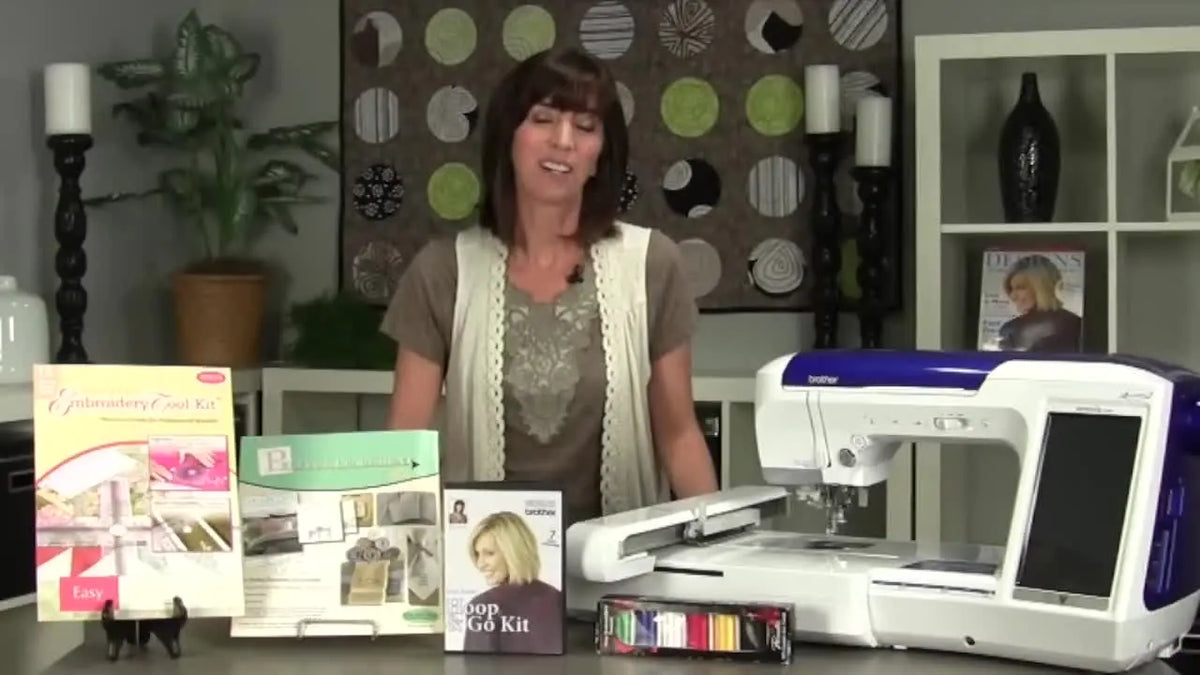 Eileen Roche introducing the Brother Quattro 2 and Embroidery Jumpstart Kit on a studio table.