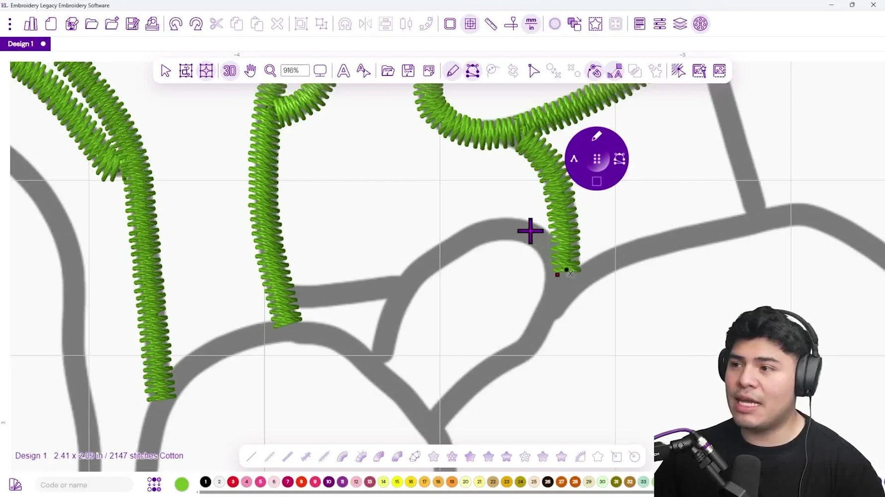 A screen capture demonstrates the “Subway Method,” using a run stitch to travel across a gap before covering it with a satin line for a clean, trim-minimized outline portrait.