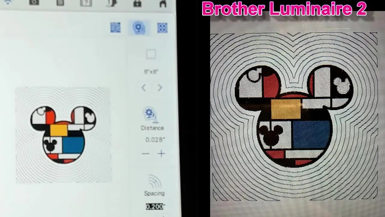 The Brother Luminaire 2 screen previews an echo-stitch background quilting effect radiating cleanly around a Mickey design.
