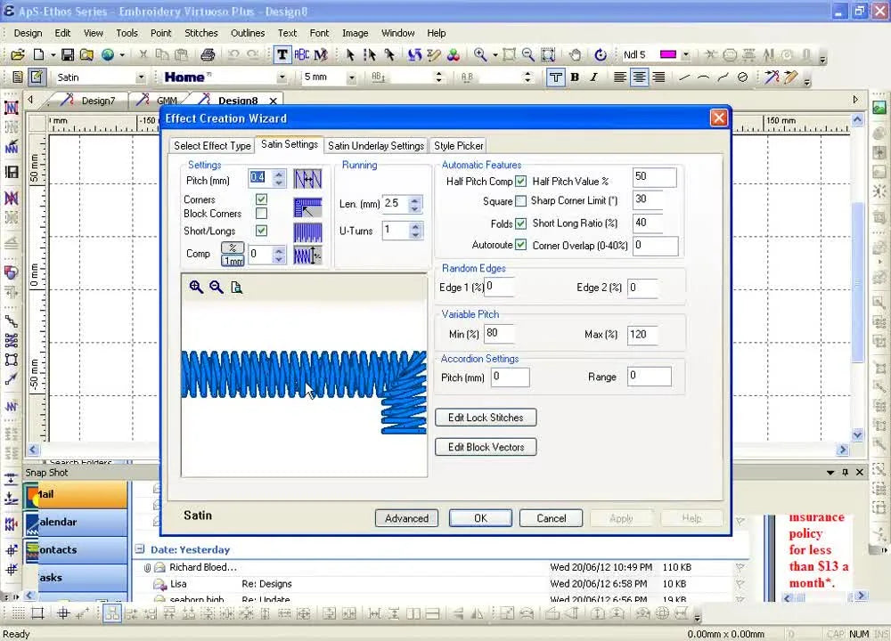 The Effect Creation Wizard window in Embroidery Virtuoso Plus is open, showing satin stitch preview and key settings like Pitch, Corners, and Underlay tabs.