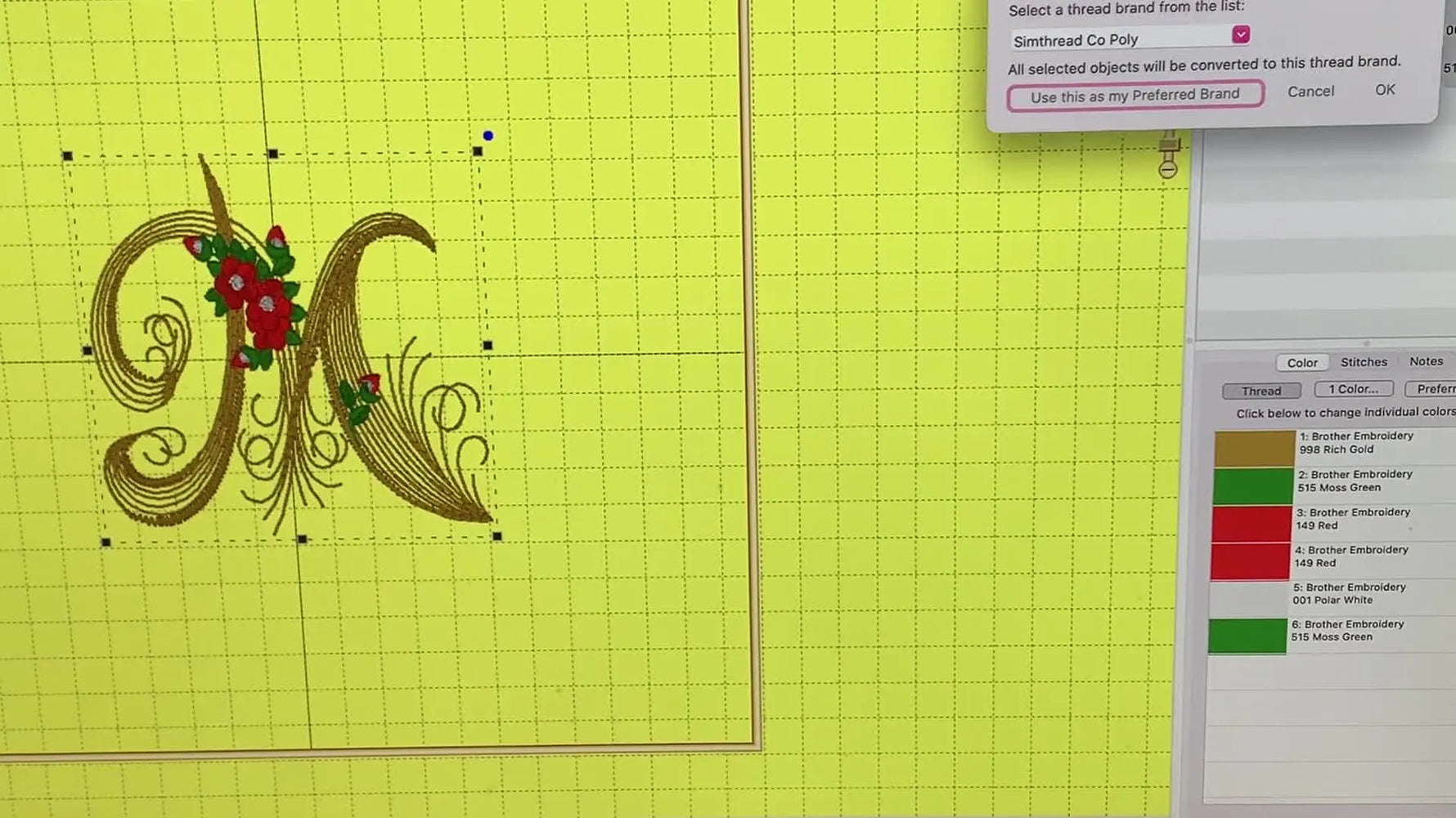 The Embrilliance Essentials “Thread Brand Conversion” pop-up window is open, ready to switch the design’s palette to a different thread brand.