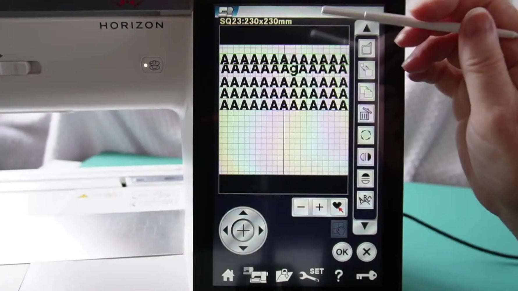 A Janome screen close-up shows a lowercase “g” colliding with the line below, making the spacing problem instantly obvious.