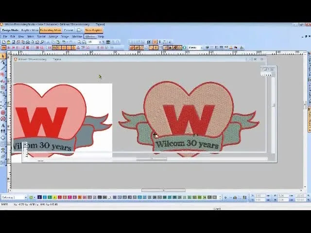 A split-screen comparison shows an auto-digitized Wilcom design beside a manually digitized version with stitch counts visible.