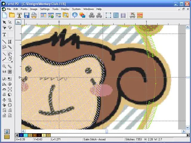 Wireframe view in Forte PD showing stitch-angle lines being corrected so satin stitches stay perpendicular on a curved outline.