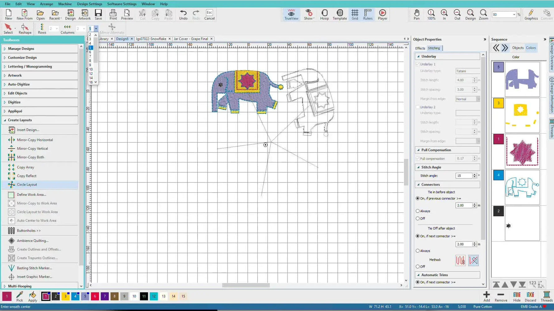 A live Hatch preview shows five elephant motifs orbiting a center anchor point, demonstrating how Circle Layout spacing changes as you move the cursor.