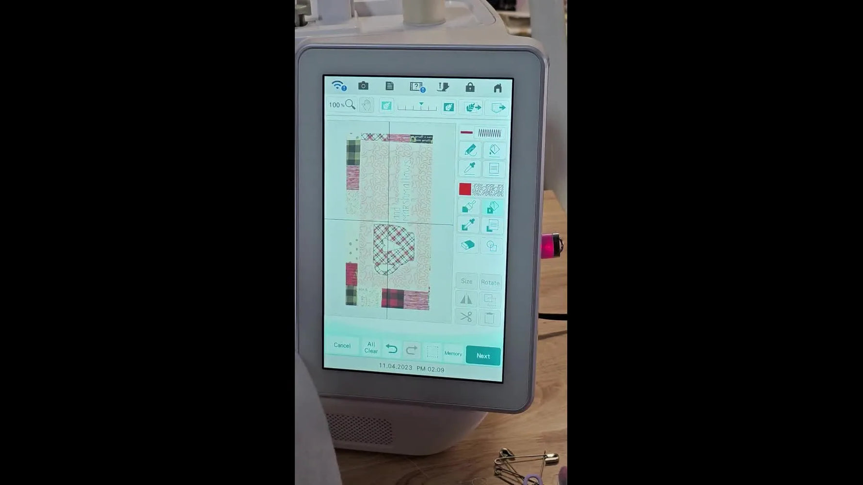 The My Design Center screen shows stippling fill successfully contained between an outer boundary and an inner appliqué boundary.