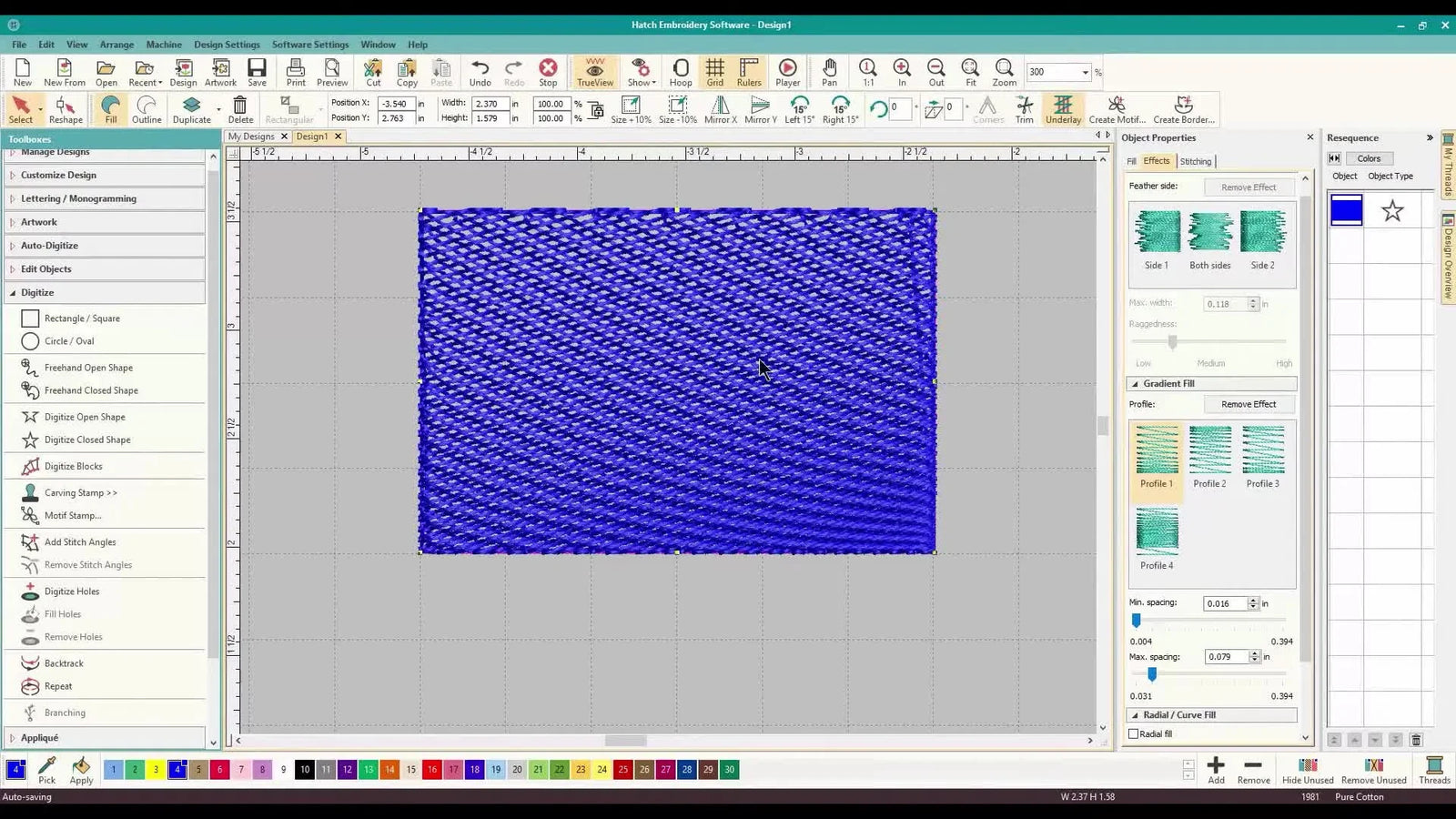 Wilcom Hatch Gradient Fill That Actually Looks Like a Gradient: Profiles, Underlay-Off, and a Clean Reshape Angle