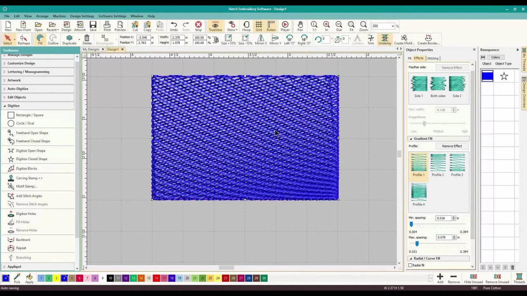 A Wilcom Hatch screen capture showing the gradient fill becoming visible the moment underlay is turned off.