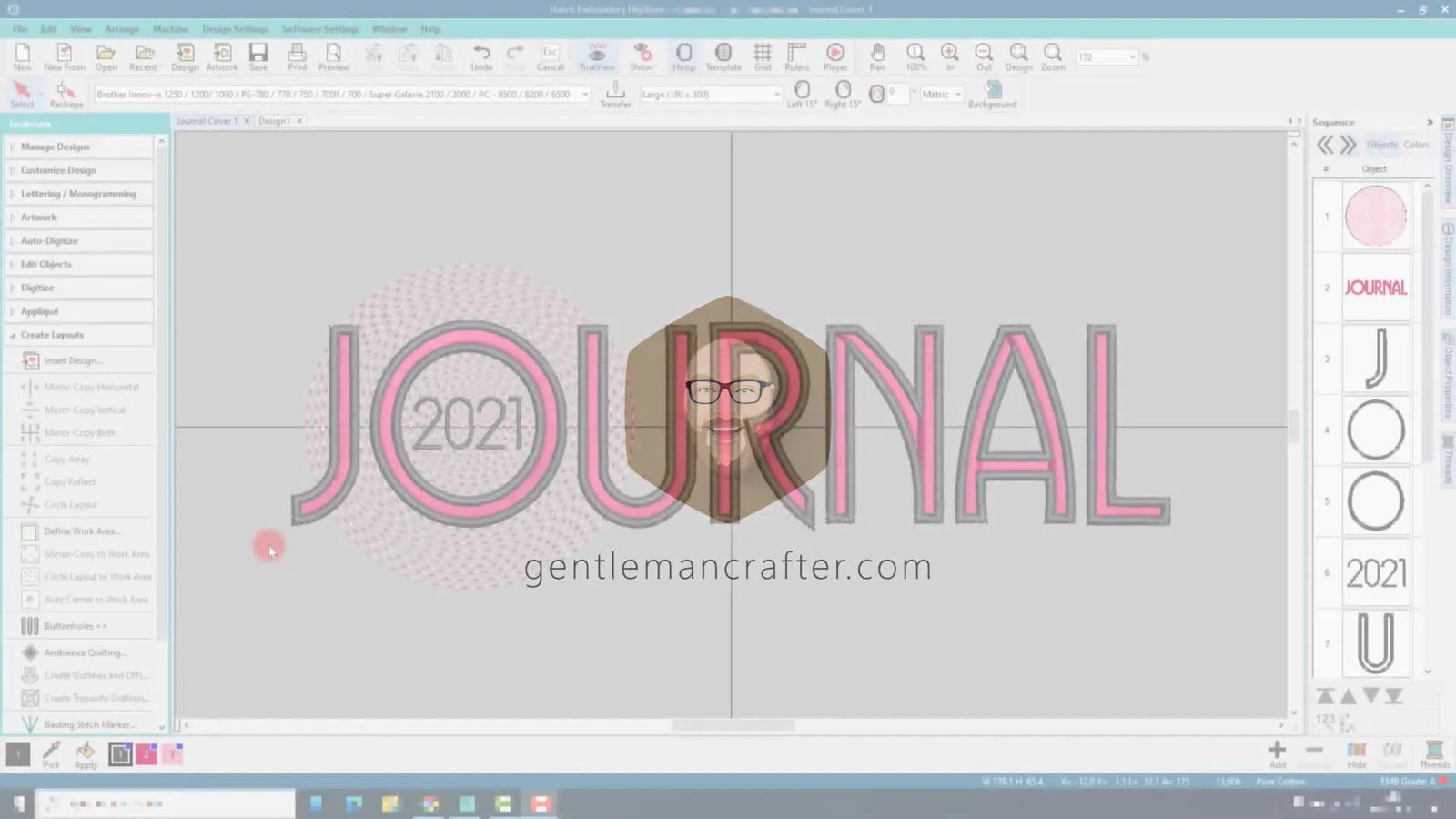 Digitize a ‘JOURNAL 2021’ Cover in Hatch: Spirals, Text, Outlines, and Clean Stitch Paths
