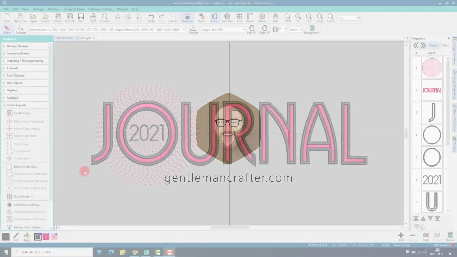 Screenshot of a digitized 'JOURNAL 2021' logo with a ripple spiral effect in Hatch Embroidery Digitizer.