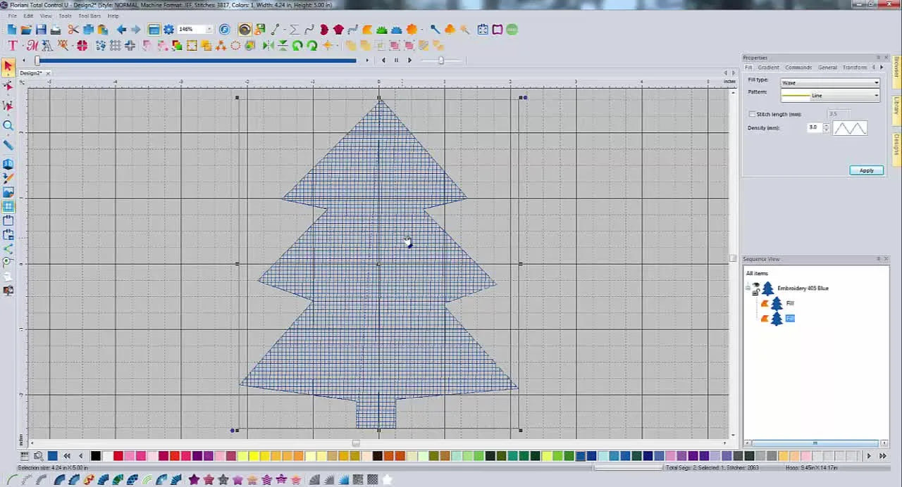 A Floriani workspace shows a Christmas tree shape filled with a crisp cross-hatch grid created by two perpendicular Wave Fill layers.