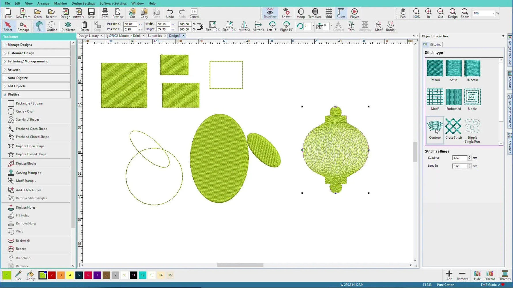 A Hatch Embroidery 2 screen capture showing a decorative shape transformed from a flat fill into a textured Contour stitch effect.
