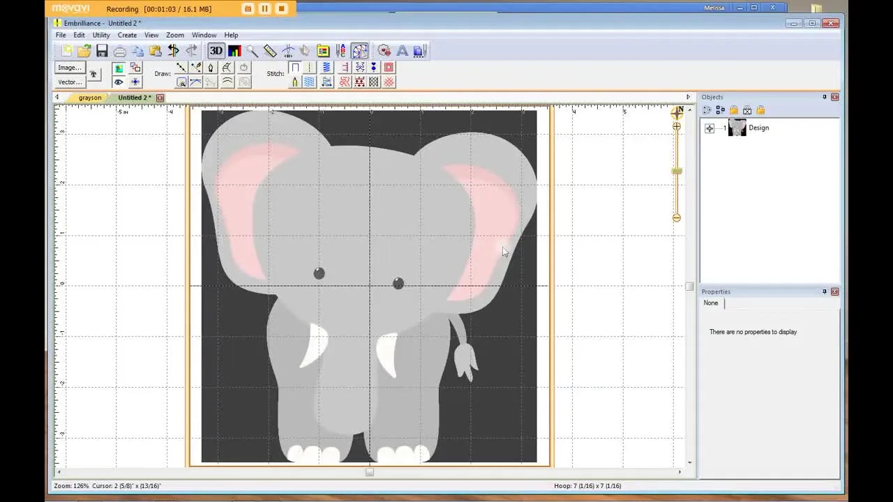An elephant clipart sits on the StitchArtist workspace grid with selection handles visible, ready to be traced into clean digitizing artwork.