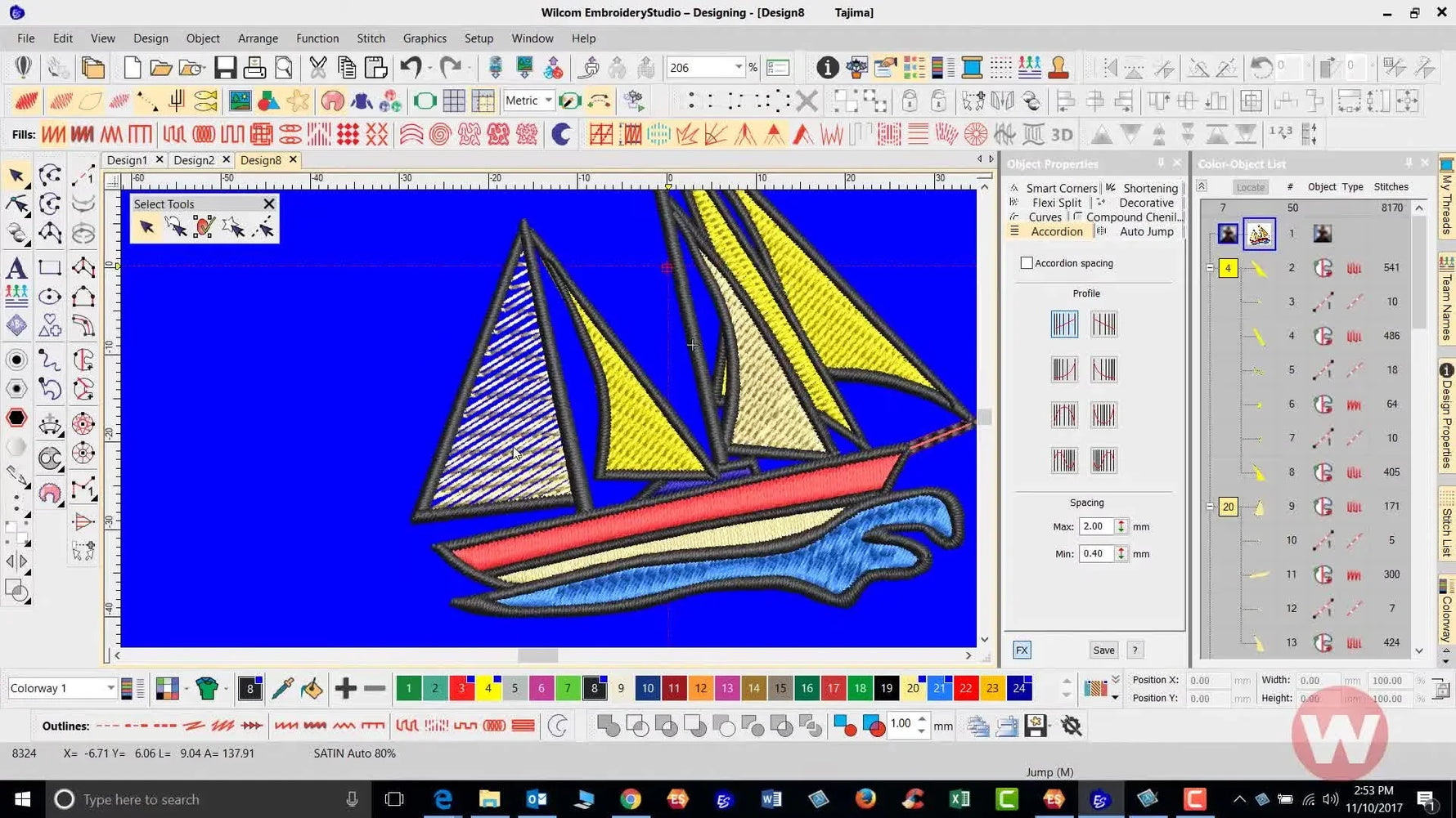 A full sailboat embroidery design preview showing open-fill texture created with Accordion Spacing across sails and waves.
