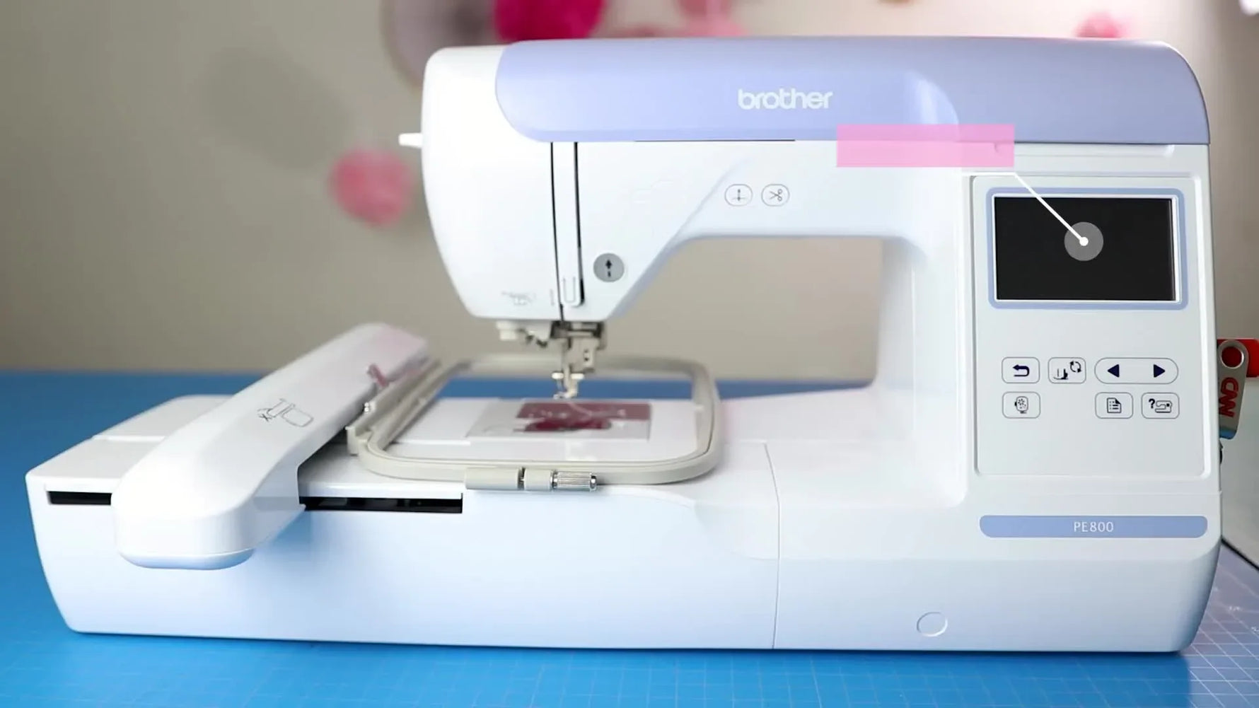 A Brother PE800 is shown with on-screen callouts highlighting the color LCD, USB port location, and maximum hoop size.