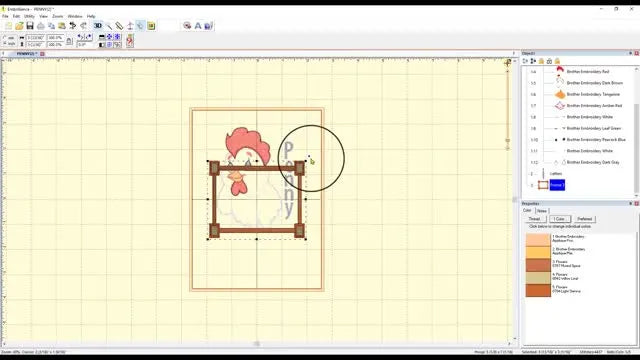 A completed Embrilliance Design Page showing a chicken design, the name “Penny,” and a square frame composed into one clean layout.