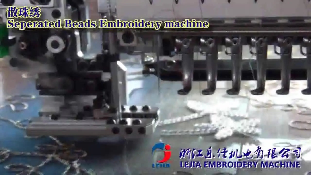 A macro close-up of the LEJIA bead dispenser mounted beside the needle, feeding beads one-by-one onto sheer fabric.