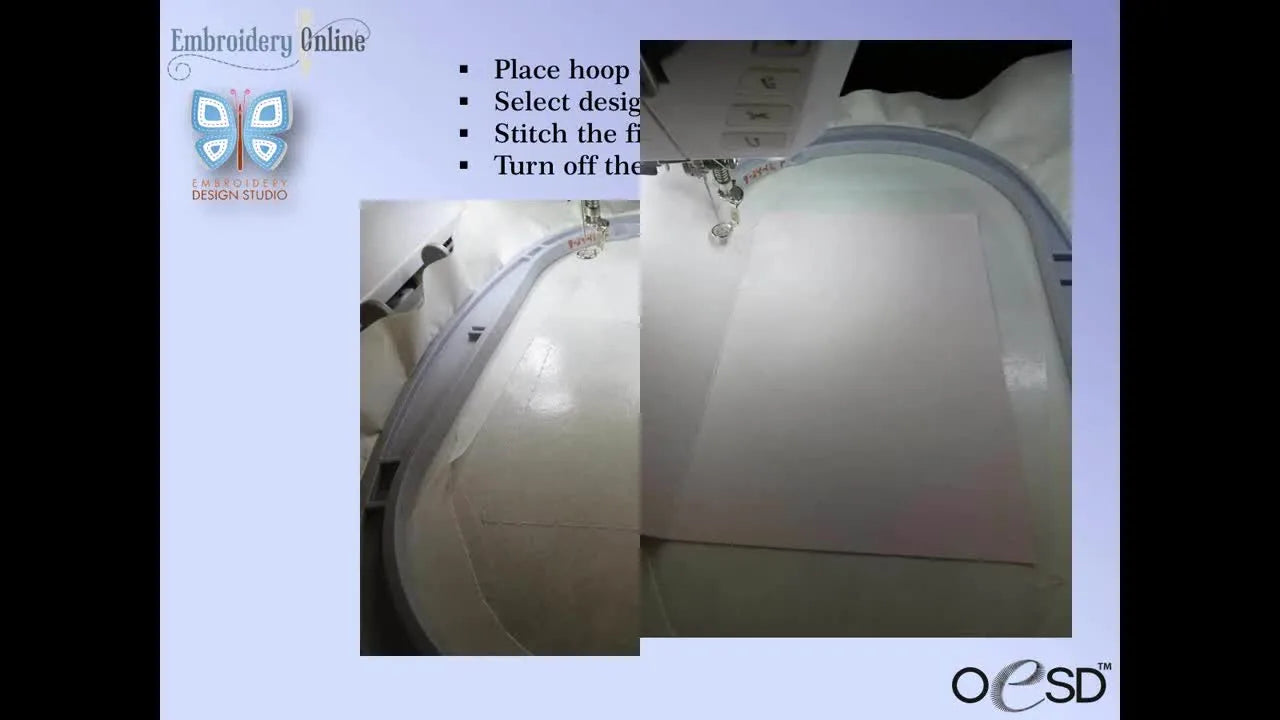 Cardstock is carefully positioned inside a stitched placement line on sticky stabilizer in the hoop, ready for clean paper embroidery.