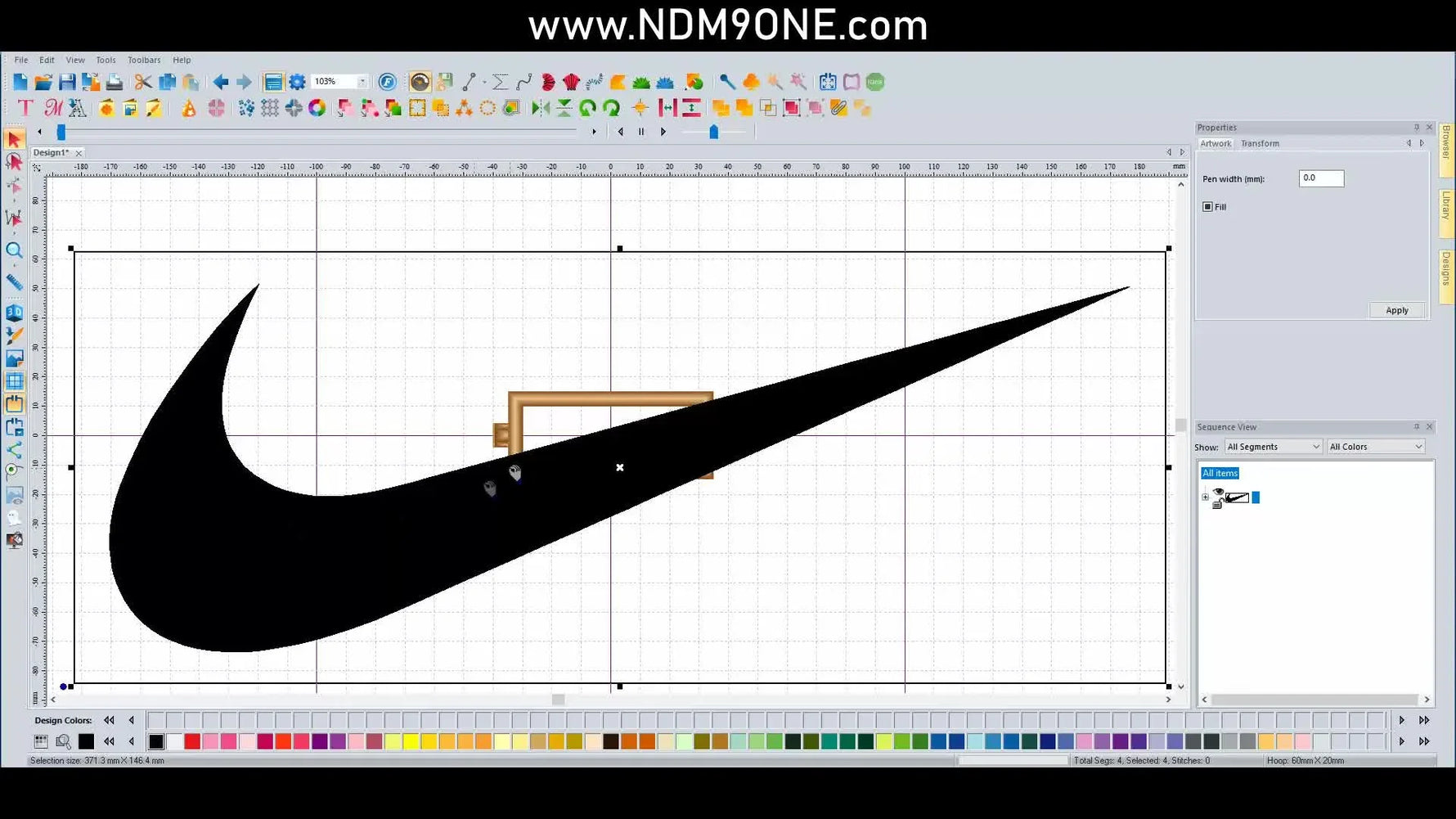 A screen capture shows a large Nike swoosh artwork next to a tiny Micro Mini Hoop boundary, highlighting why proper scaling matters before digitizing stitches.