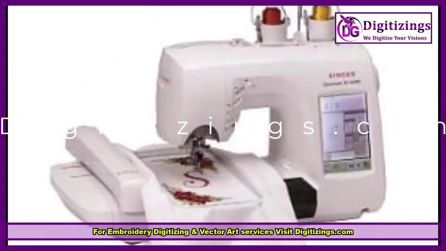 A wide side-profile view of the Singer Quantum Stylist embroidery machine set up on a table for demonstration.