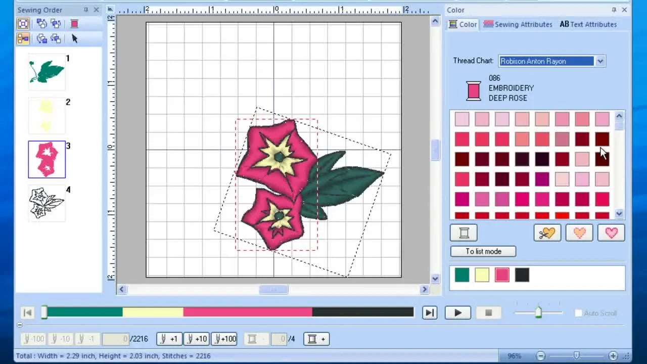 A screen capture of PE-DESIGN PLUS showing a floral design recolored from blue to deep rose/pink on the workspace grid.