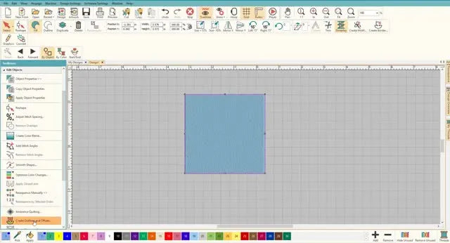 A Hatch workspace view showing a blue rectangle with a red satin stitch border applied, ready to be split with the Knife Tool.