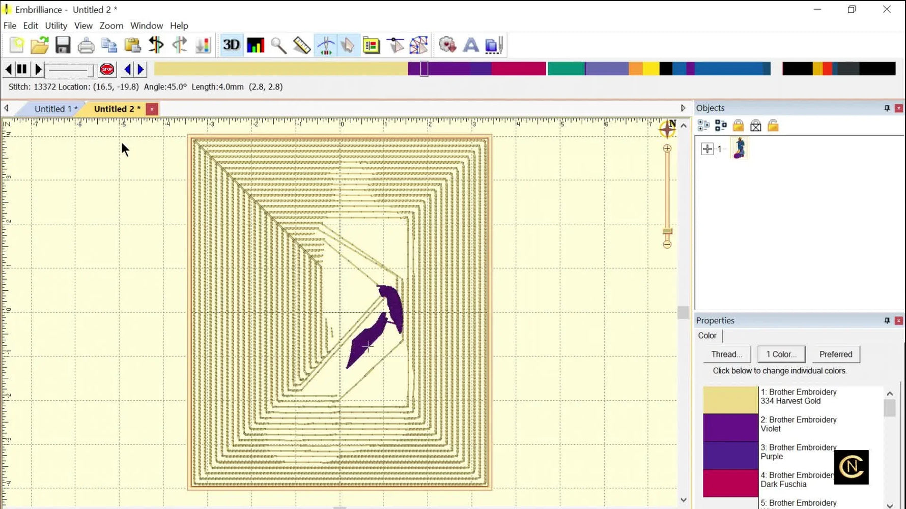 The stitch simulator shows a crisp negative-space “hole” in the contour background where the main Geisha design will stitch, preventing bulk underneath.