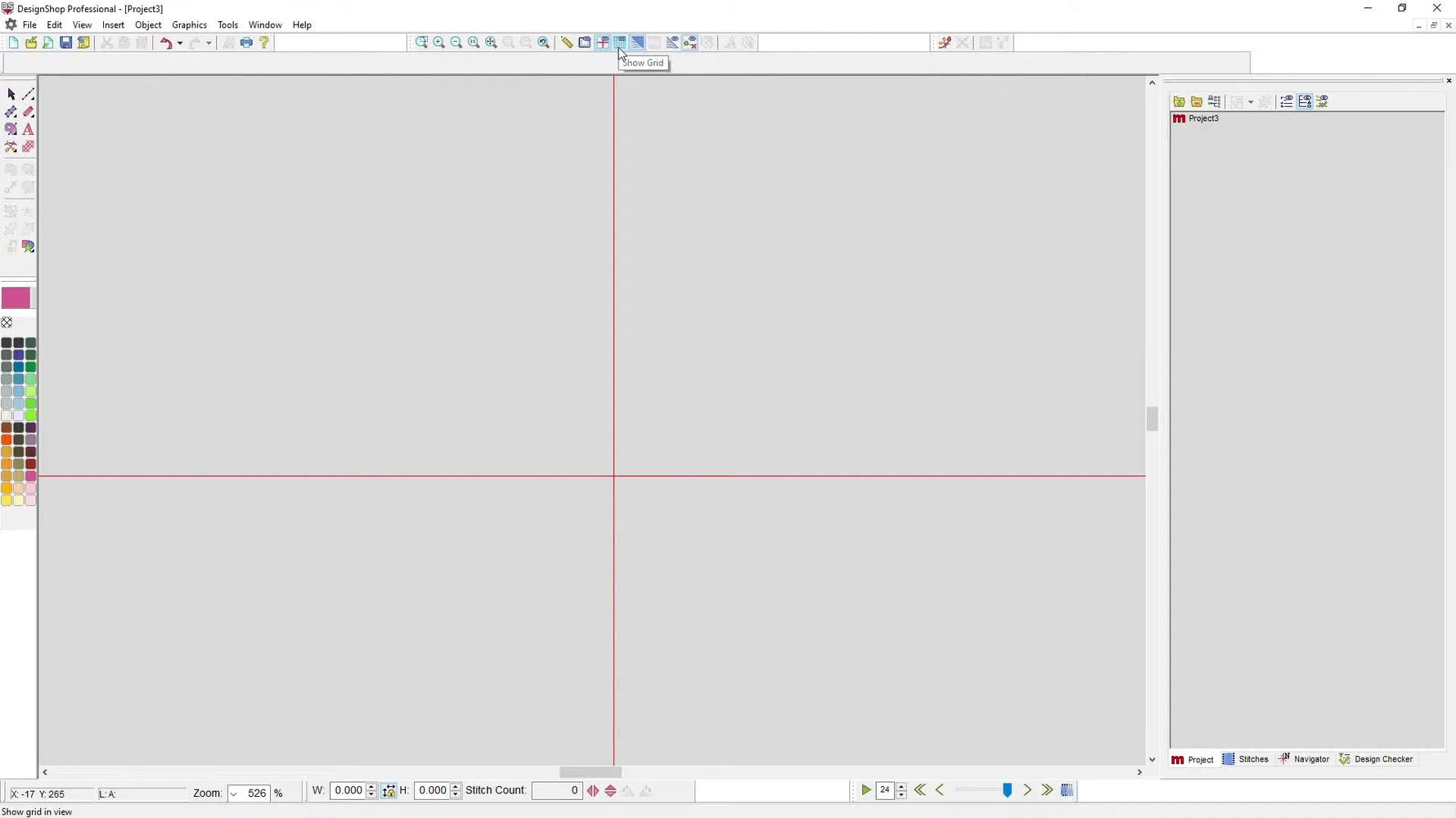A tight 1mm grid is enabled in DesignShop v11, ready for precision digitizing of a repeating decorative stitch element.