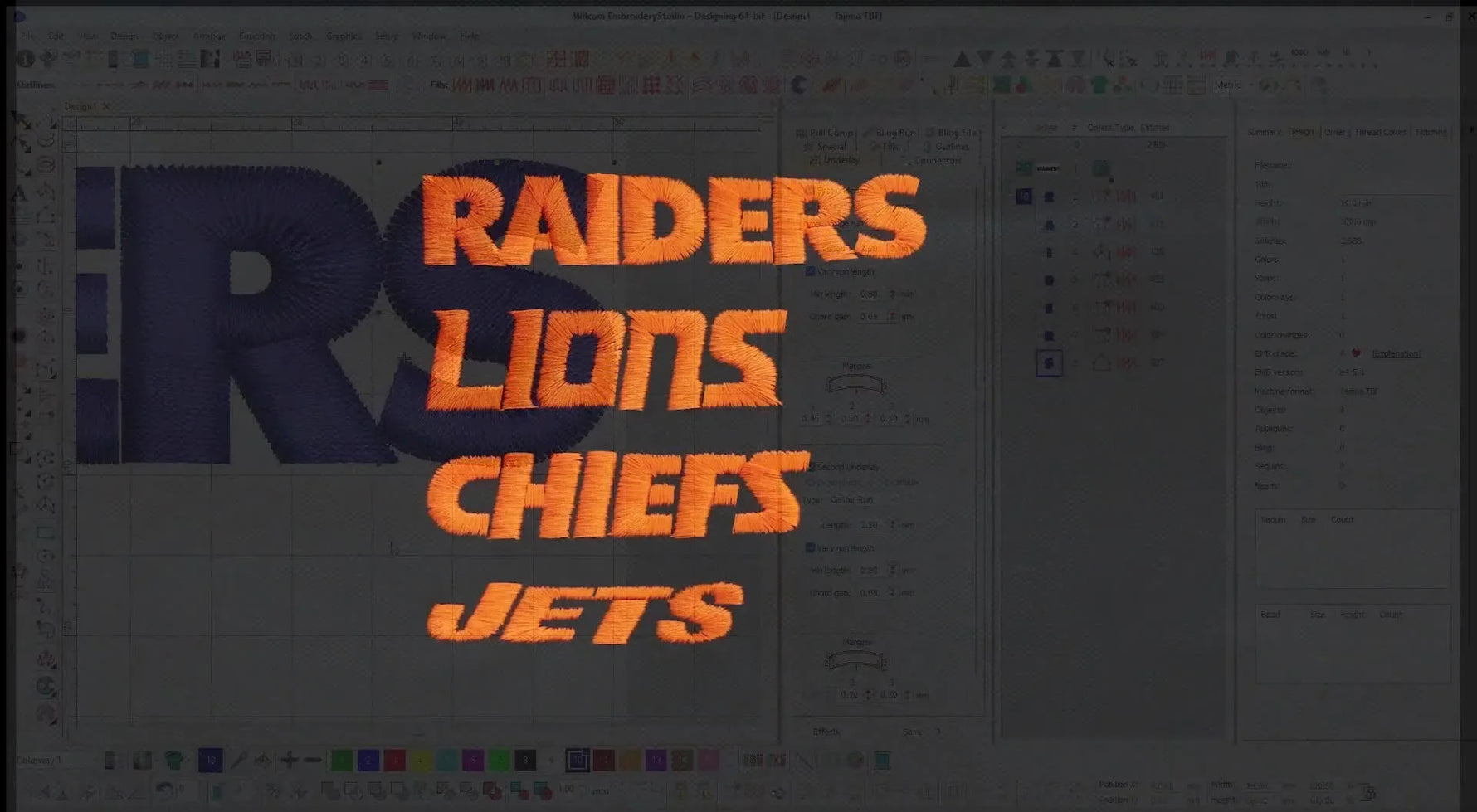 A close-up stitch-out of four NFL text logos sewn in bright orange thread on black polo fabric, used to spot digitizing imperfections fast.
