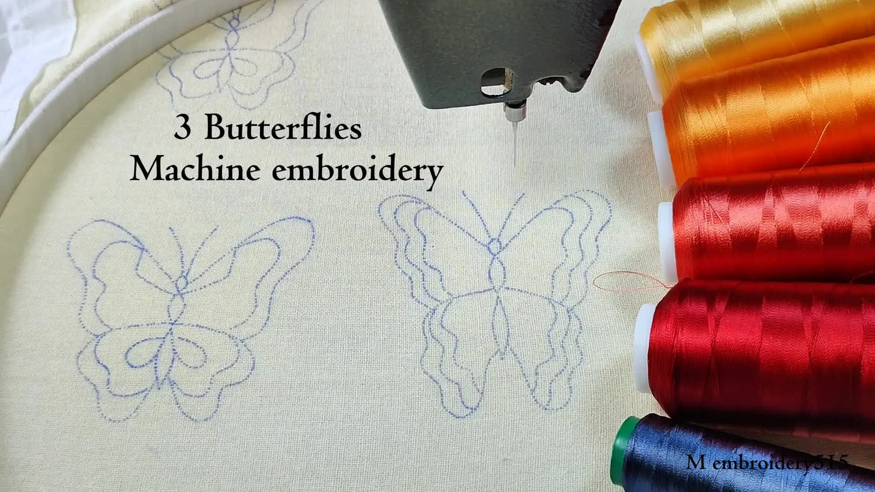 Introduction to machine embroidery of three butterfly designs.
