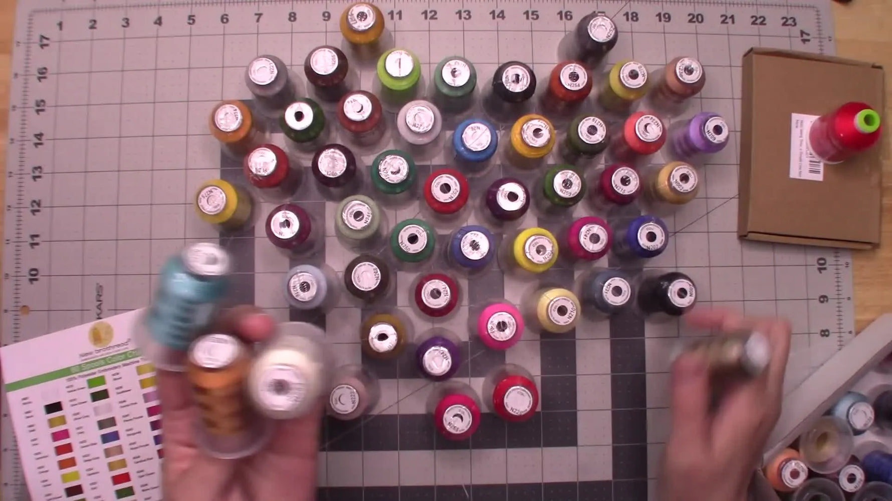 All 80 spools are laid out in a heart shape on a cutting mat, showing the full gradient of colors in the kit.