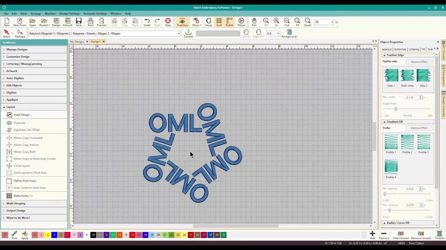 A finished radial logo made from five “OML” text objects arranged into a clean star/pentagon using Hatch Circle Layout.