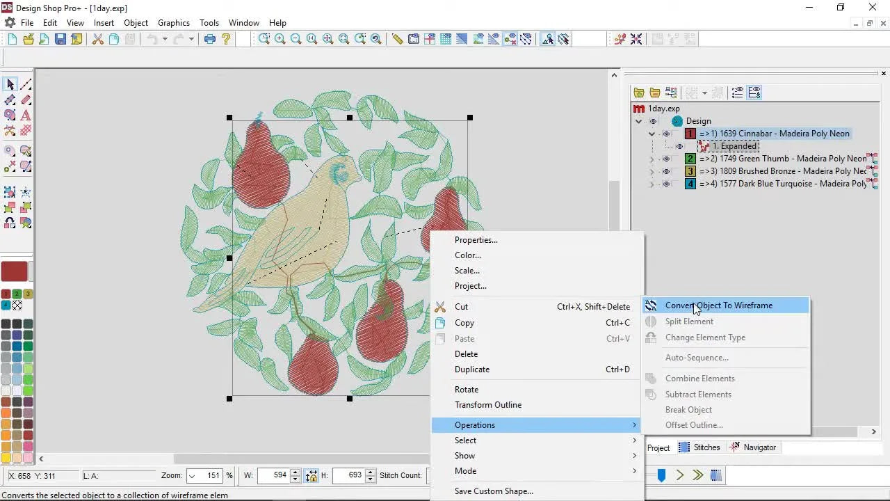 A close-up of the DesignShop v10 right-click Operations menu with “Convert Object to Wireframe” highlighted, moments before the conversion is applied.