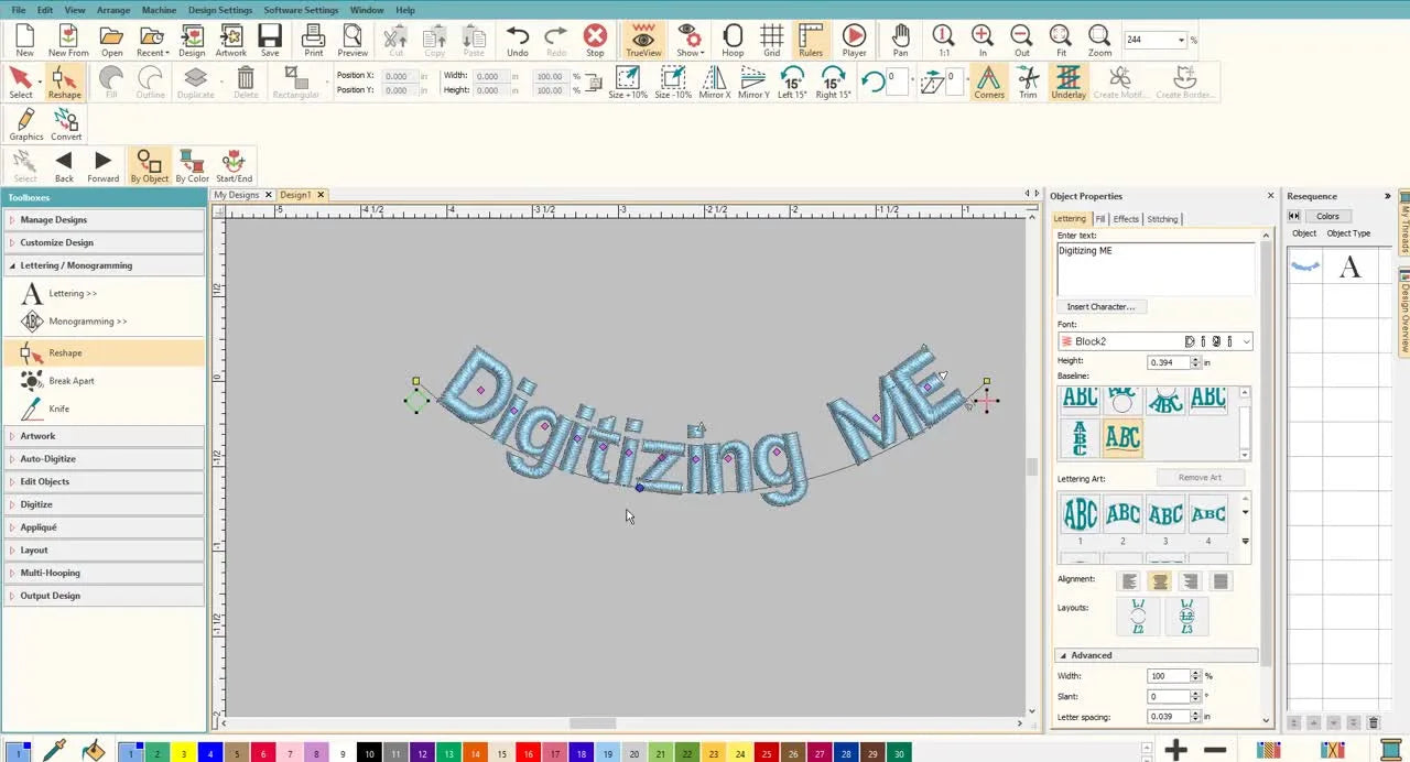 A screen capture shows Hatch lettering snapping from a straight baseline into a smooth curve right after pressing the Spacebar.
