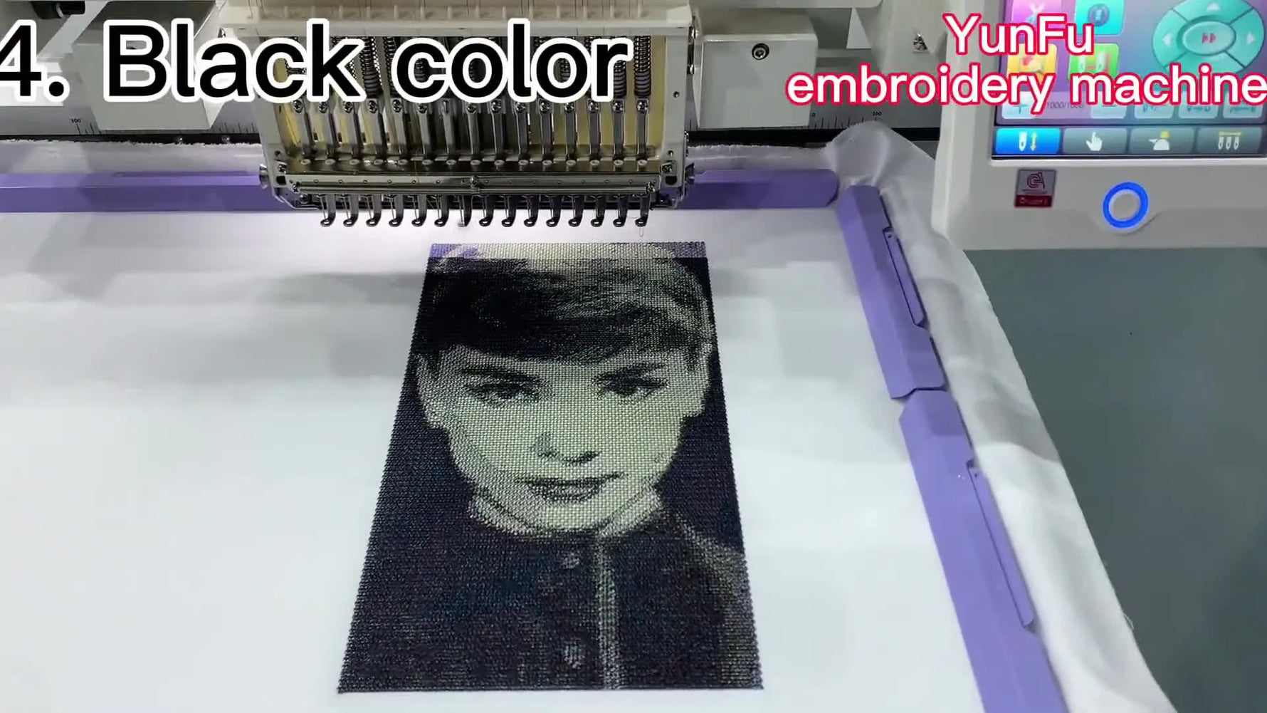 The machine is stitching the final black pass, and the portrait becomes sharply defined as the photo-embroidery effect locks into place.