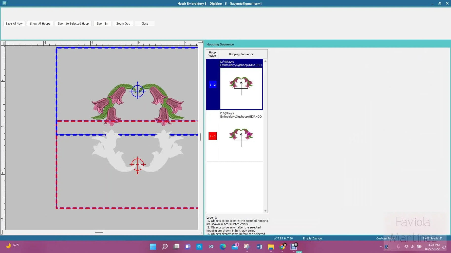 The Hatch Embroidery 3 Hooping Sequence window shows the split design parts (1-1 and 1-2) for a 360×360mm rotating hoop export.