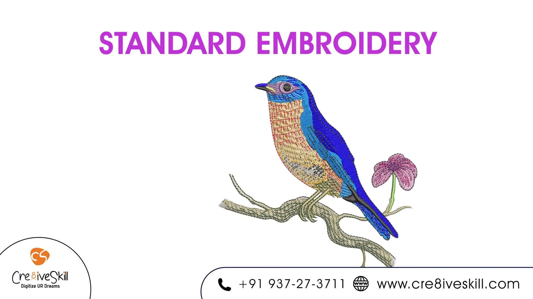 A colorful bird embroidery illustration representing standard multi-color machine embroidery and texture choices.