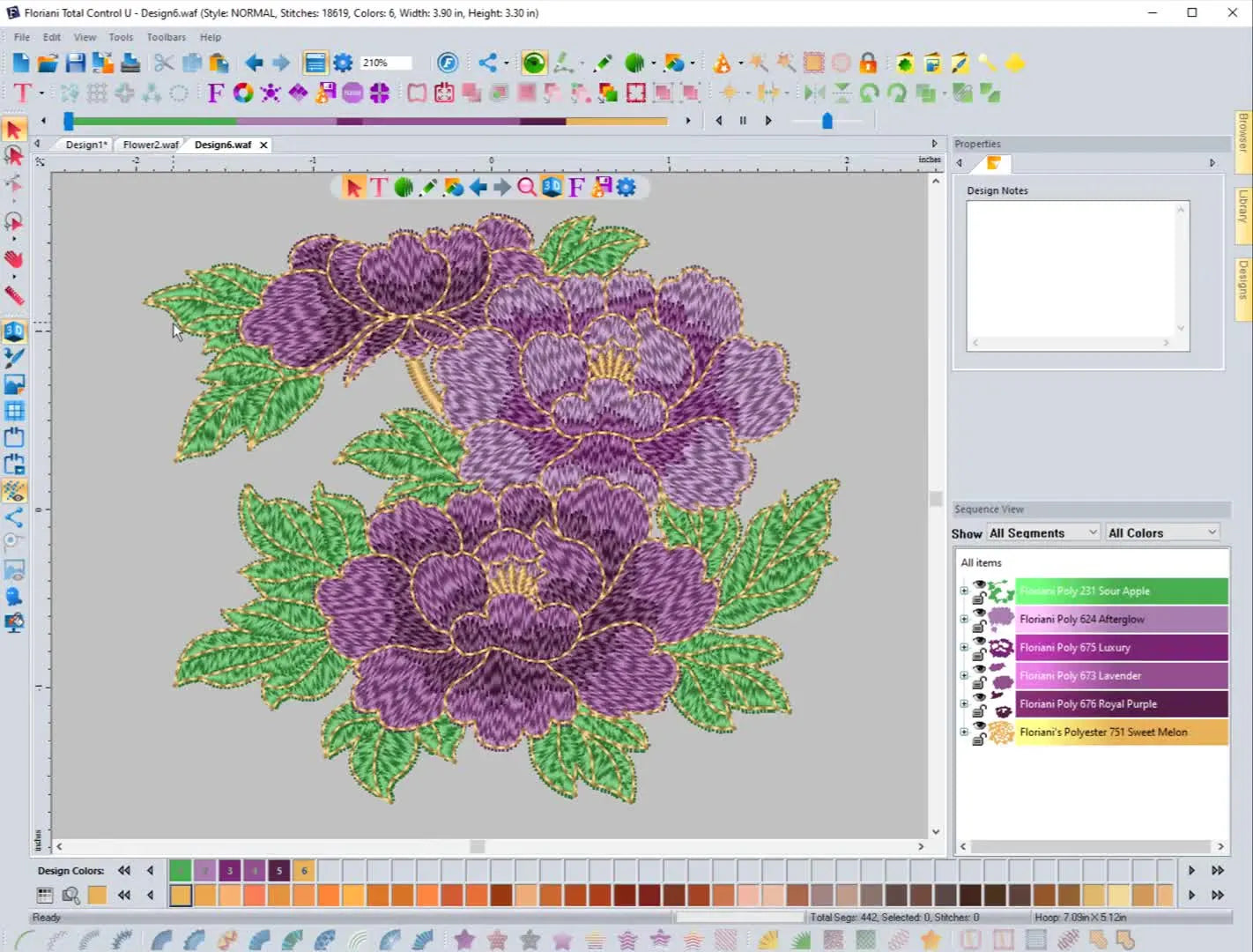 A full-screen view of Floriani FTC‑U with a large floral embroidery design open, ready to be processed through Save2Sew.