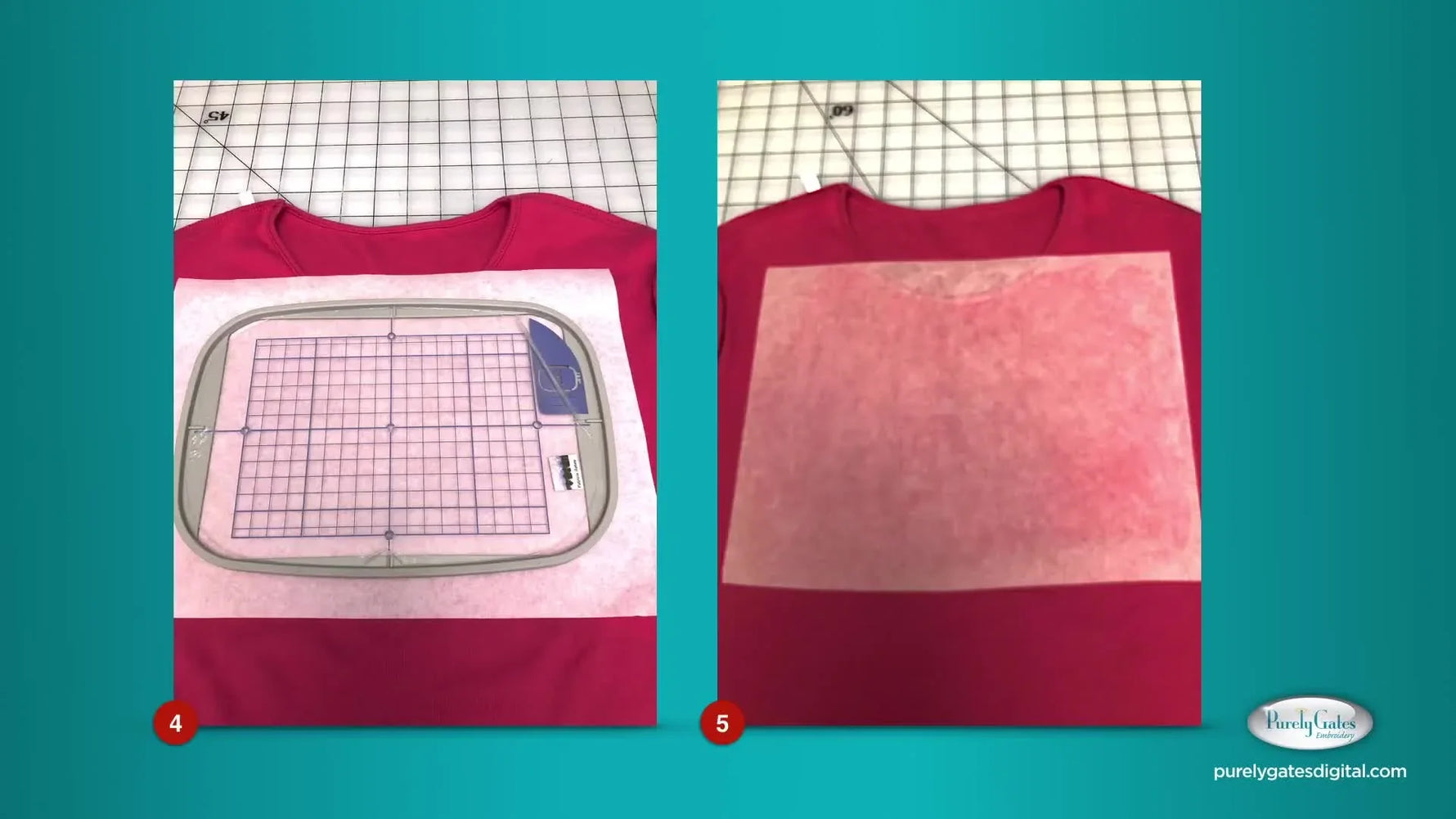 A hoop grid is aligned on the inside of a T‑shirt to square up stabilizer placement before hooping.