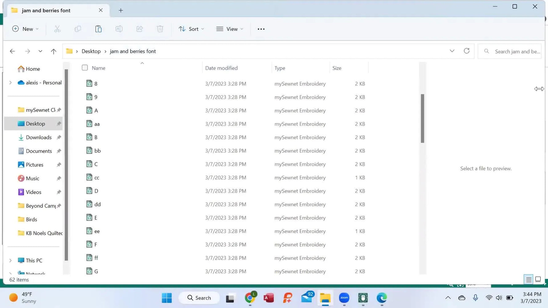 A split-screen workspace with Windows File Explorer on the left and mySewnet Font Manager on the right for rapid drag-and-drop font mapping.