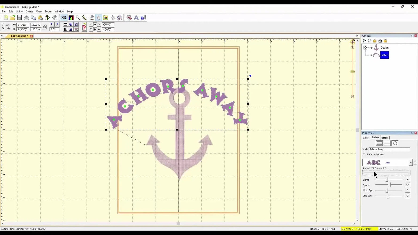 The final Embrilliance screen shows “ANCHORS AWAY” in a Jazz font perfectly arced and spaced around an anchor design.