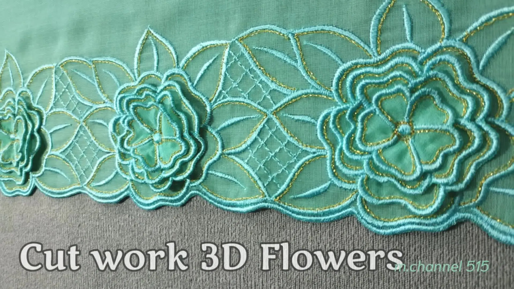 Finished 3D cutwork embroidery border with multiple layered flowers.