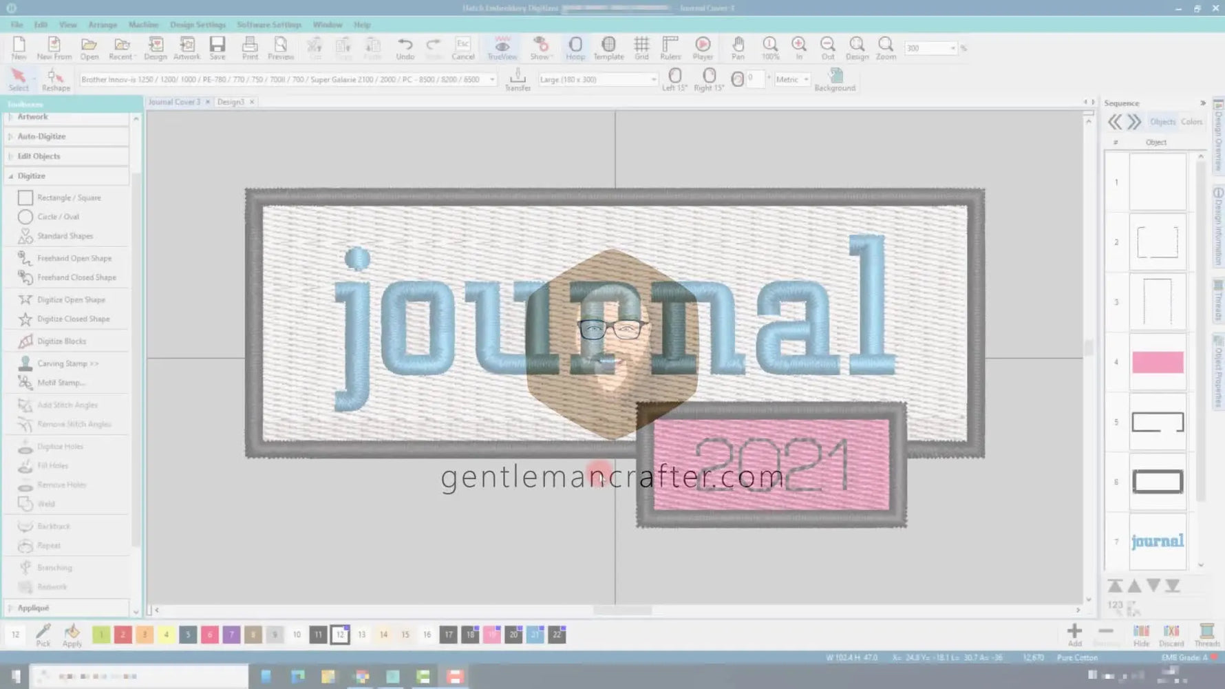 Screenshot of Hatch Embroidery software showing the finished journal cover design with 'journal' text and '2021' year on two rectangular panels.