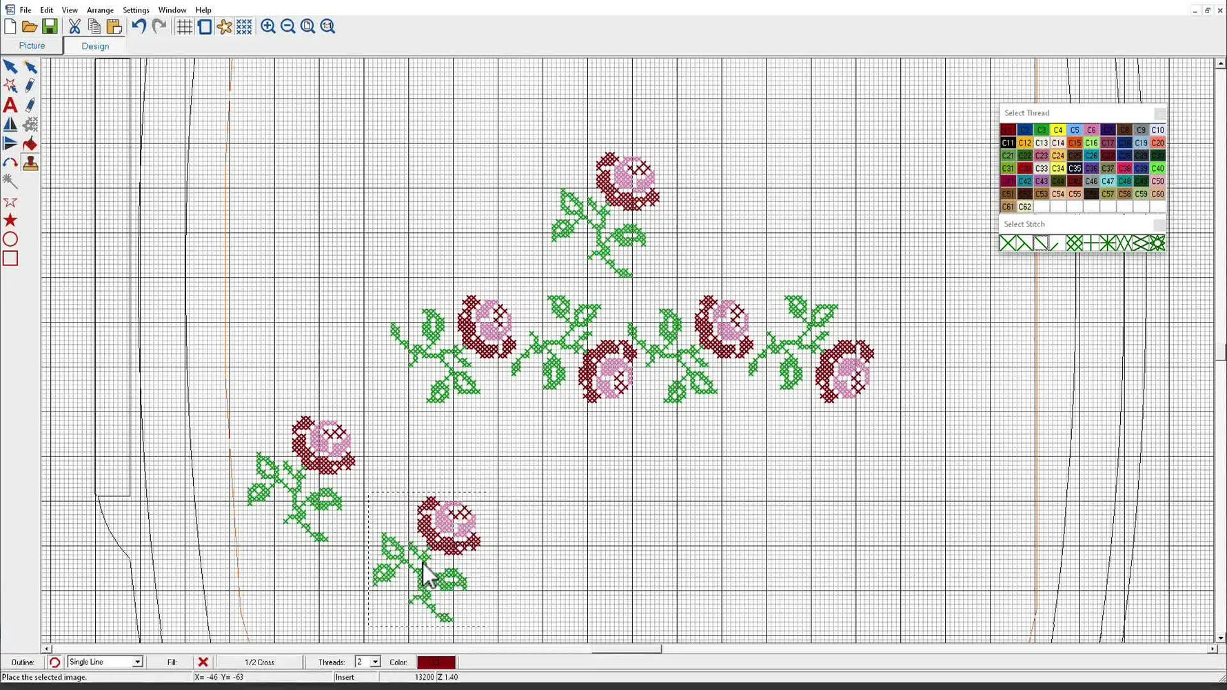 A screen capture shows a fast-built floral border made from repeated stamped motifs on the Hatch Cross Stitch grid.