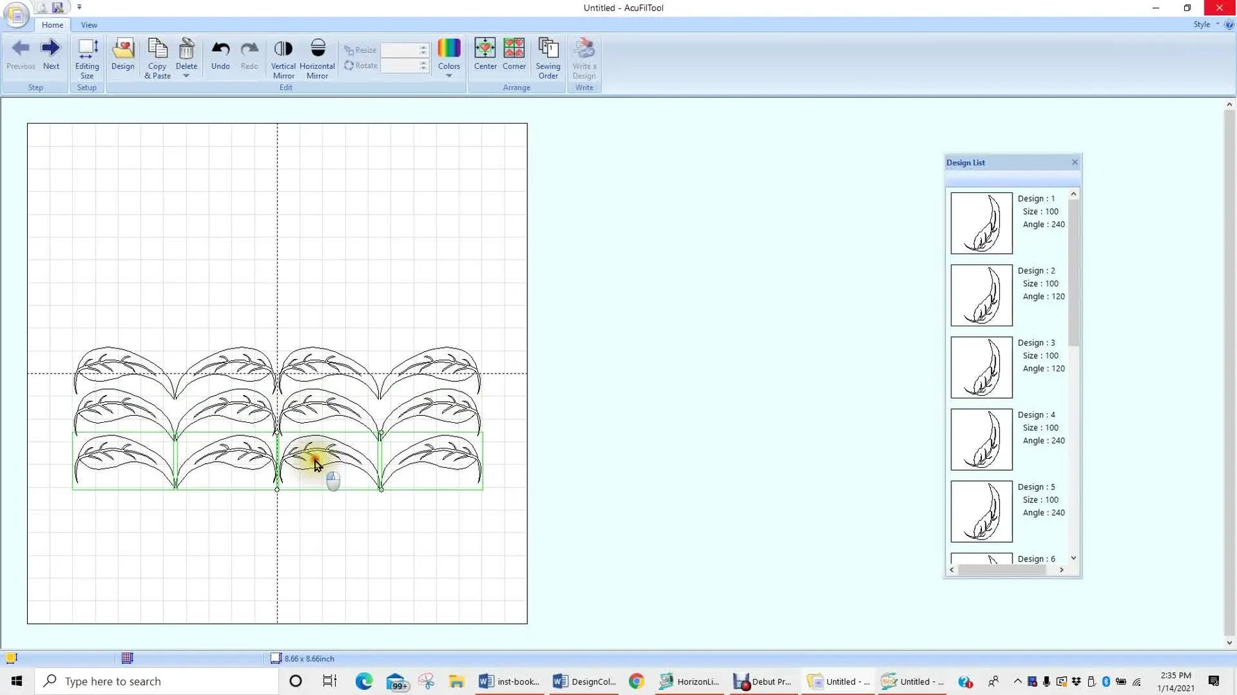 AcuFil Tool shows a full hoop grid filled with repeated leaf motifs for an edge-to-edge quilting layout.